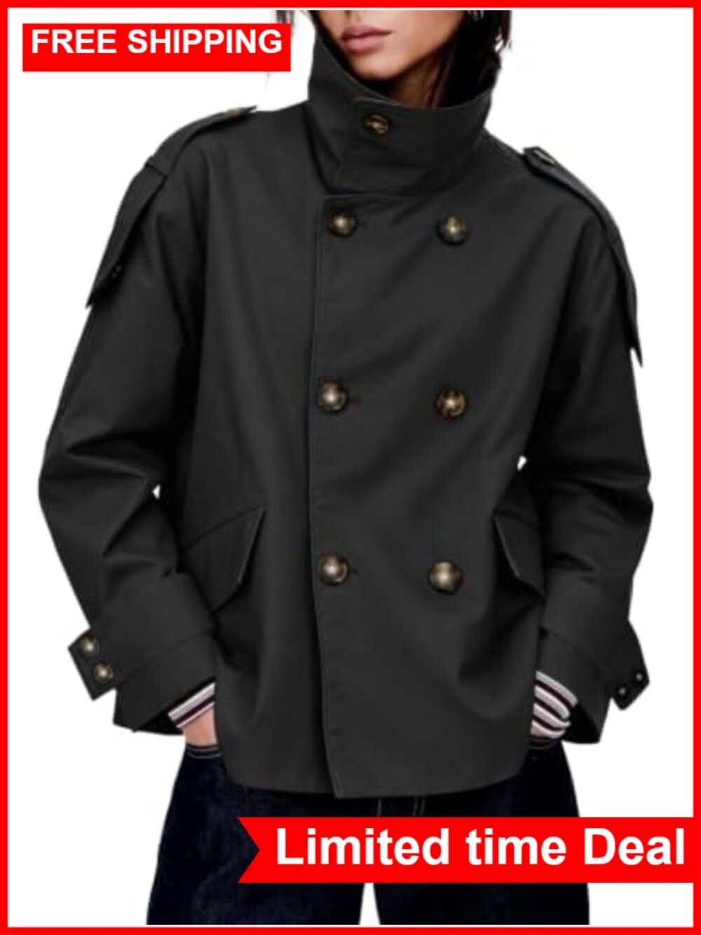 Oversized Double Breasted Cropped Trench Coat Windproof Polyester